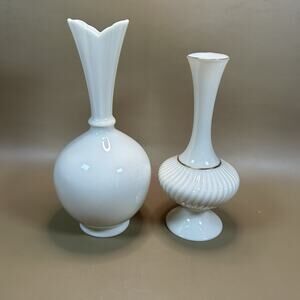 Lennox Ivory Porcelain Vases Pair Gold Trim Footed Flared Mid-Century